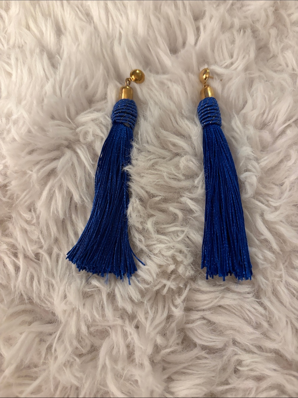 Blue Tassel Drop Earrings with Gold Accent